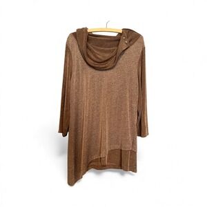 Chicos Travelers Metallic Brown Shimmer Cowl Neck Asymmetric Tunic Sz 1 US XL